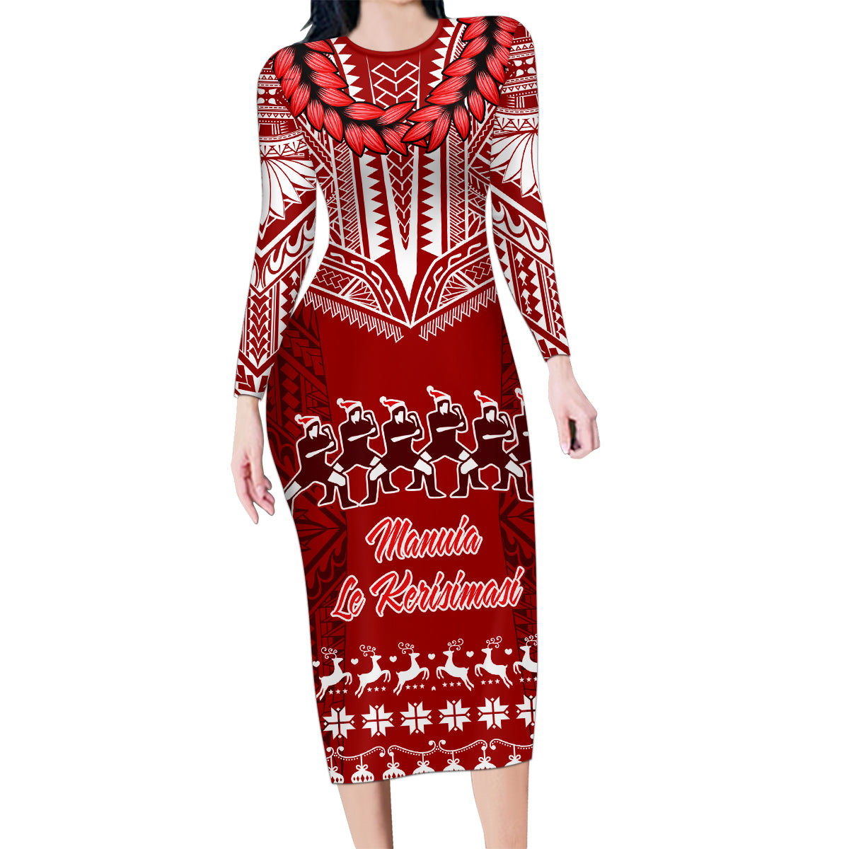 Toa Samoa Christmas Family Matching Long Sleeve Bodycon Dress and Hawaiian Shirt Samoa Siva Tau Manuia Le Kerisimasi Red Vibe LT9 Mom's Dress Red - Polynesian Pride