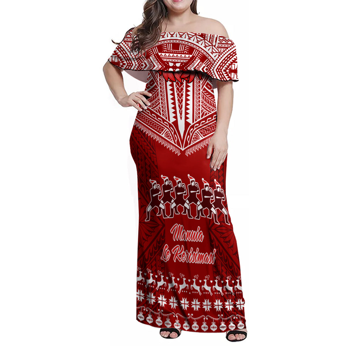 Toa Samoa Christmas Family Matching Off Shoulder Maxi Dress and Hawaiian Shirt Samoa Siva Tau Manuia Le Kerisimasi Red Vibe LT9 Mom's Dress Red - Polynesian Pride