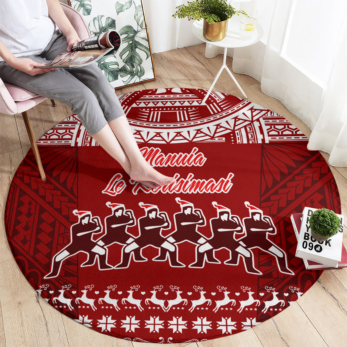 Toa Samoa Christmas Round Carpet Samoa Siva Tau Manuia Le Kerisimasi Red Vibe LT9 - Polynesian Pride