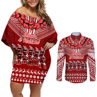 Personalised Toa Samoa Christmas Couples Matching Off Shoulder Short Dress and Long Sleeve Button Shirt Samoa Siva Tau Manuia Le Kerisimasi Red Vibe LT9 Red - Polynesian Pride