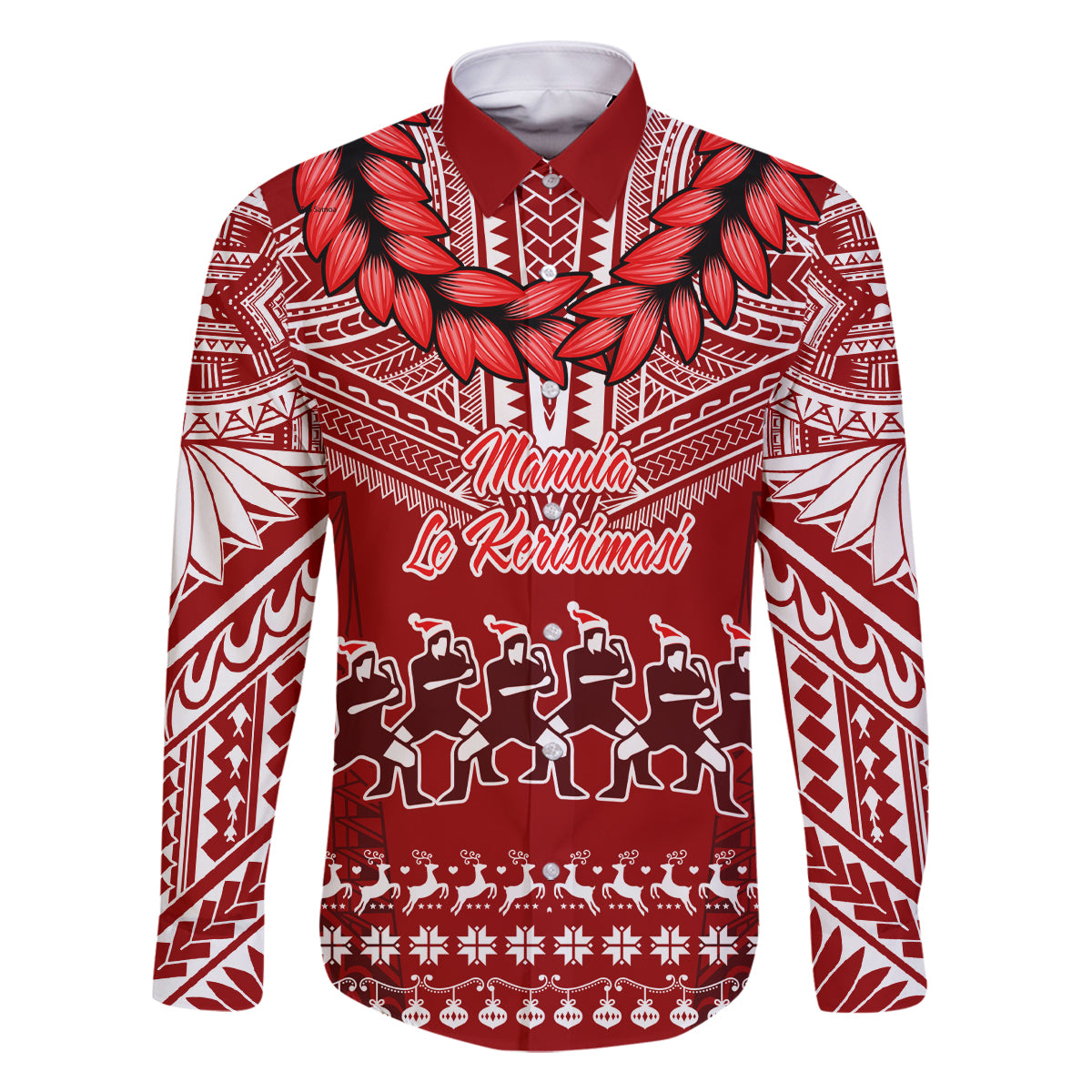 Personalised Toa Samoa Christmas Family Matching Mermaid Dress and Hawaiian Shirt Samoa Siva Tau Manuia Le Kerisimasi Red Vibe LT9 Dad's Shirt - Long Sleeve Red - Polynesian Pride