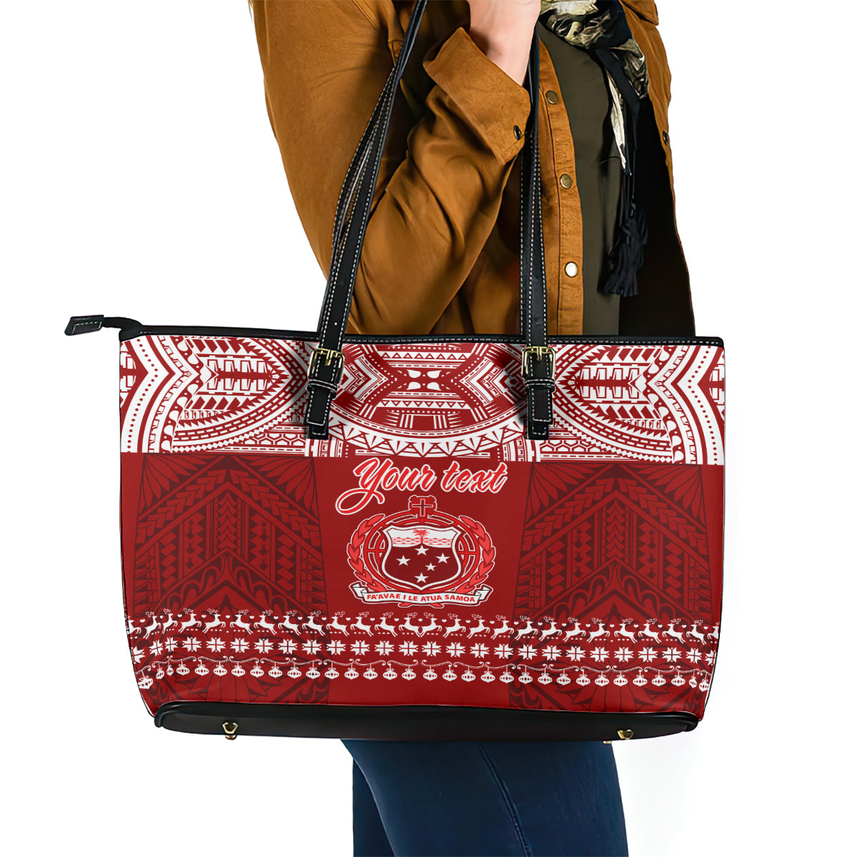 Personalised Toa Samoa Christmas Leather Tote Bag Samoa Siva Tau Manuia Le Kerisimasi Red Vibe LT9 - Polynesian Pride