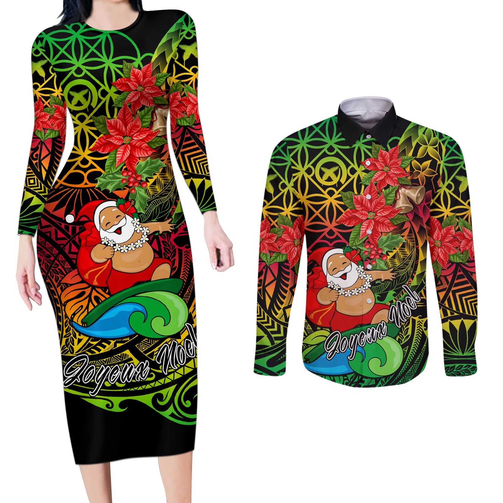 Personalised Vanuatu Joyeux Noel Couples Matching Long Sleeve Bodycon Dress and Long Sleeve Button Shirt Christmas Santas God Yumi LT9 Reggae - Polynesian Pride