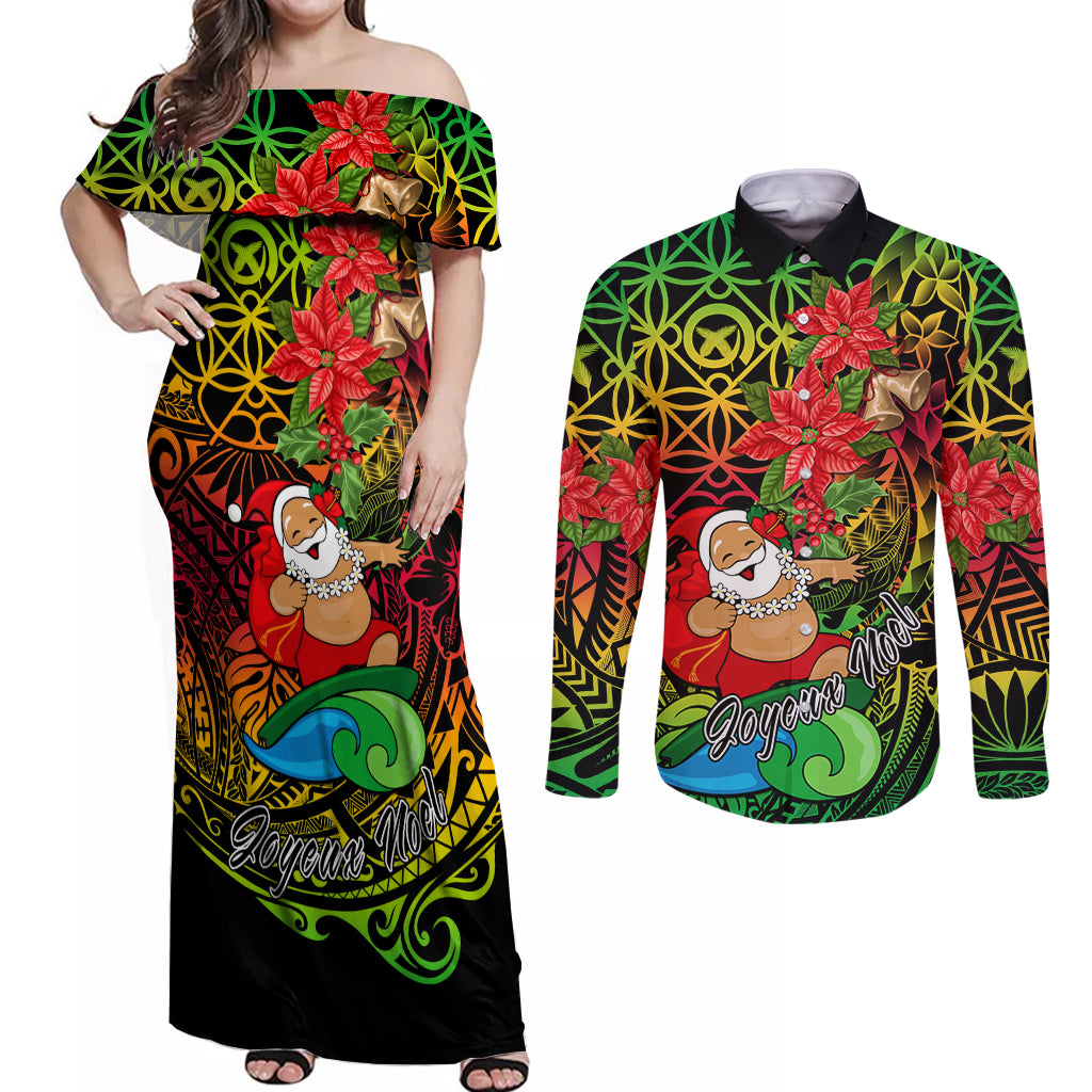Personalised Vanuatu Joyeux Noel Couples Matching Off Shoulder Maxi Dress and Long Sleeve Button Shirt Christmas Santas God Yumi LT9 Reggae - Polynesian Pride