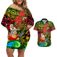 Personalised Vanuatu Joyeux Noel Couples Matching Off Shoulder Short Dress and Hawaiian Shirt Christmas Santas God Yumi LT9 Reggae - Polynesian Pride