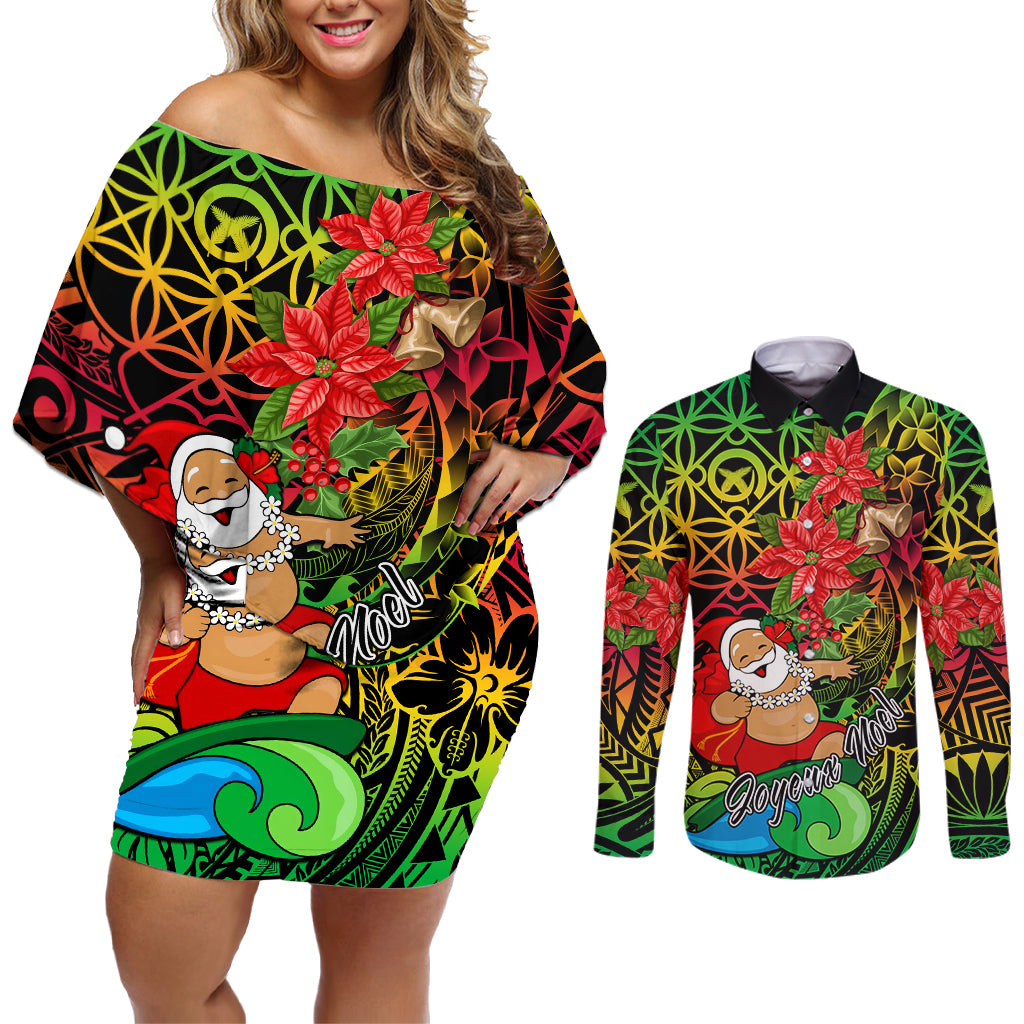 Personalised Vanuatu Joyeux Noel Couples Matching Off Shoulder Short Dress and Long Sleeve Button Shirt Christmas Santas God Yumi LT9 Reggae - Polynesian Pride