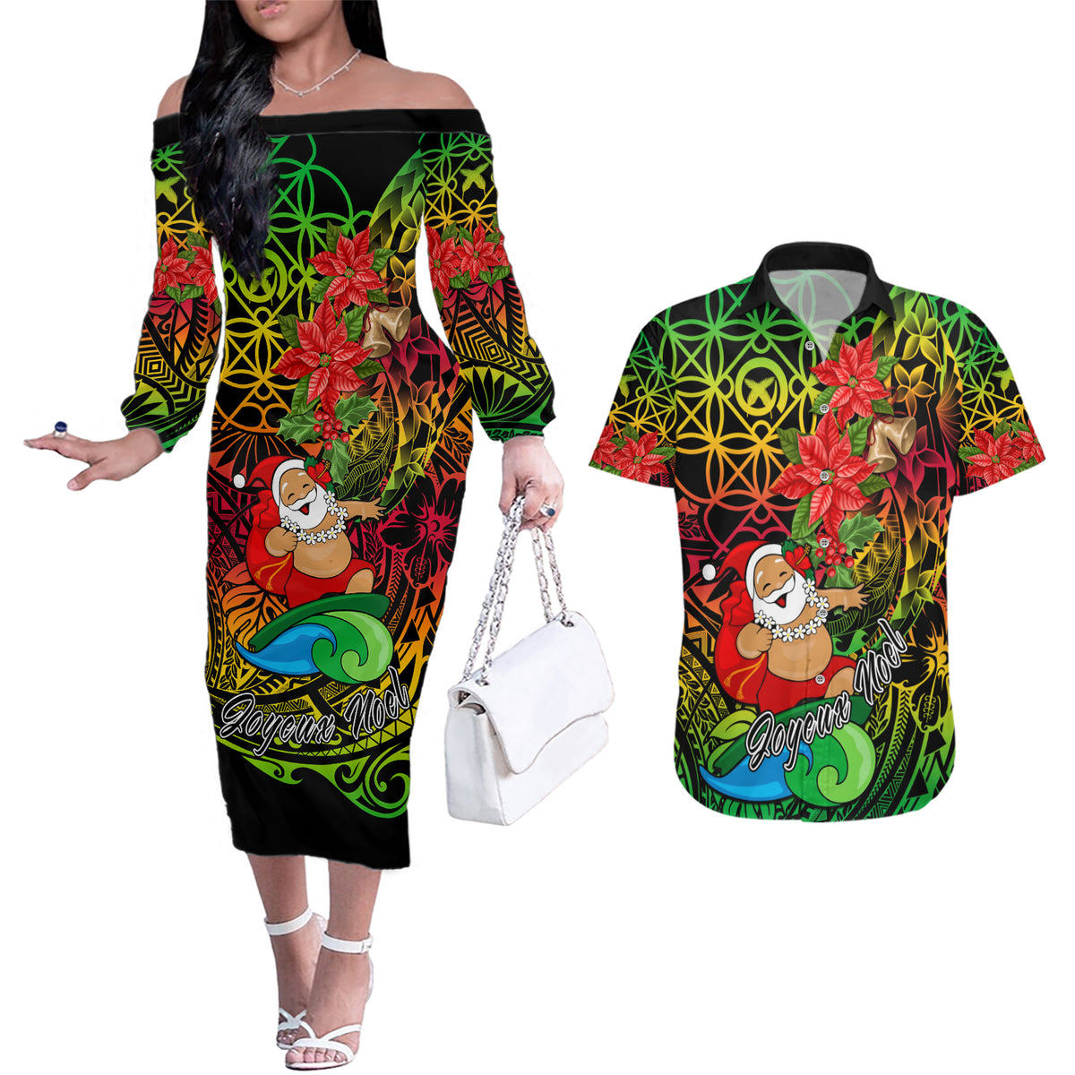 Personalised Vanuatu Joyeux Noel Couples Matching Off The Shoulder Long Sleeve Dress and Hawaiian Shirt Christmas Santas God Yumi LT9 Reggae - Polynesian Pride