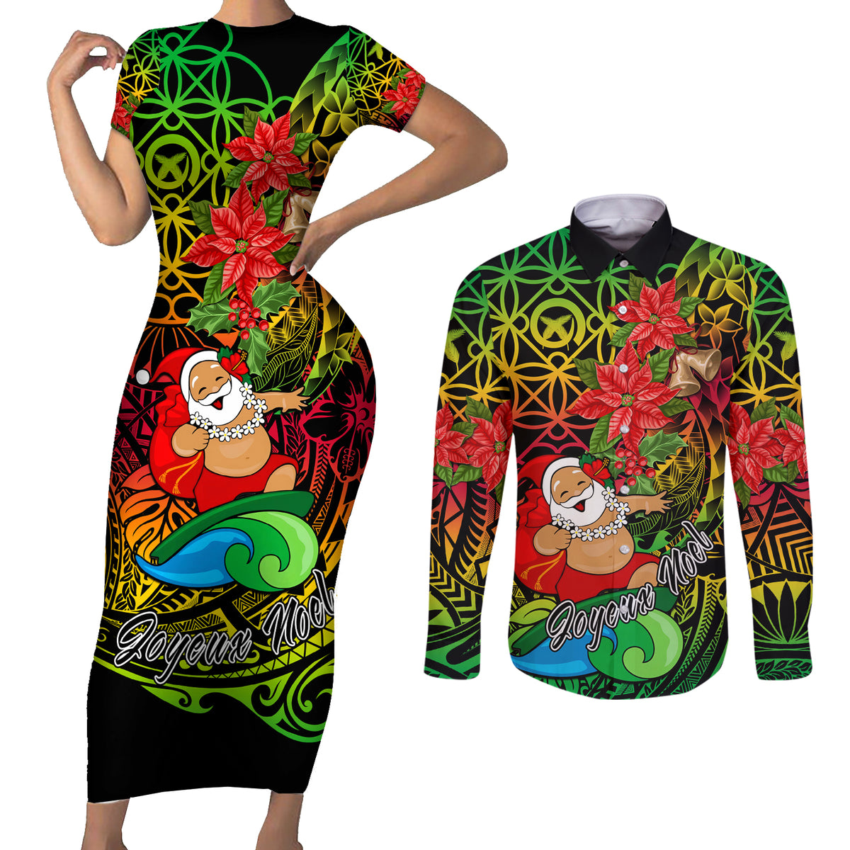 Personalised Vanuatu Joyeux Noel Couples Matching Short Sleeve Bodycon Dress and Long Sleeve Button Shirt Christmas Santas God Yumi LT9 Reggae - Polynesian Pride