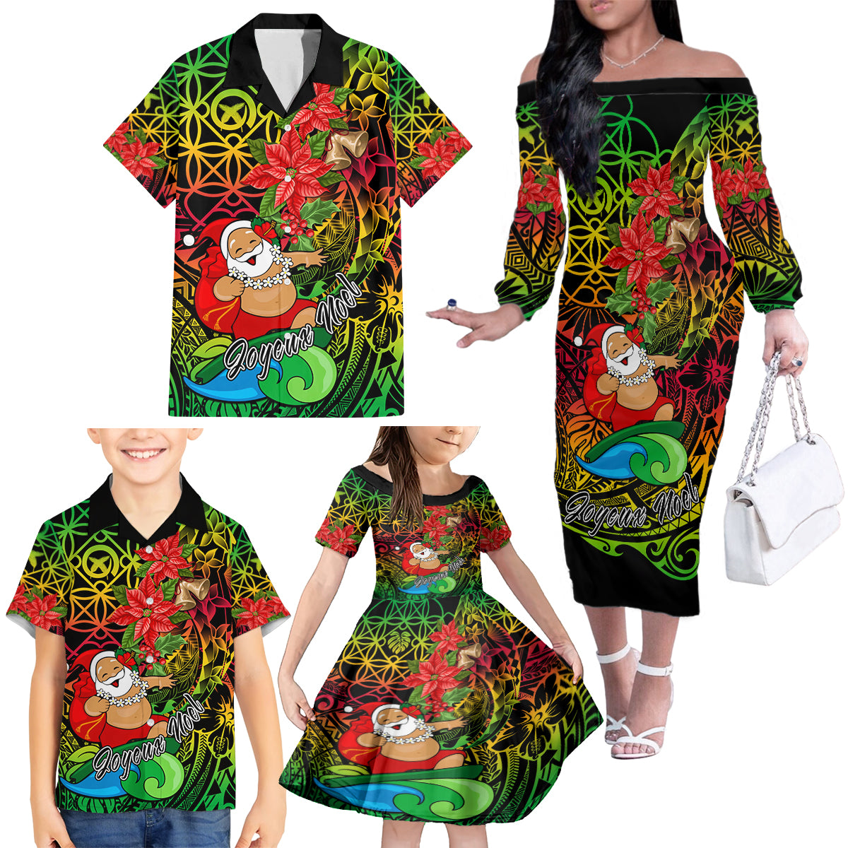 Personalised Vanuatu Joyeux Noel Family Matching Off Shoulder Long Sleeve Dress and Hawaiian Shirt Christmas Santas God Yumi LT9 - Polynesian Pride