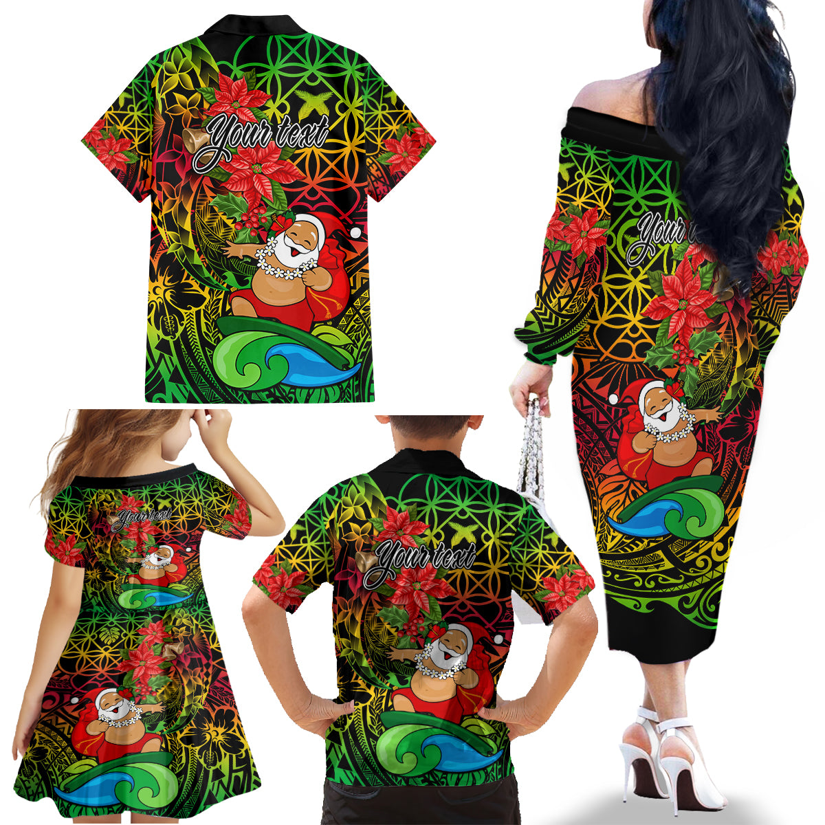Personalised Vanuatu Joyeux Noel Family Matching Off Shoulder Long Sleeve Dress and Hawaiian Shirt Christmas Santas God Yumi LT9 - Polynesian Pride