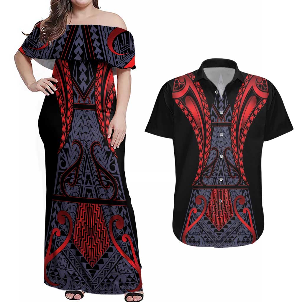 Custom New Zealand Couples Matching Off Shoulder Maxi Dress and Hawaiian Shirt Maori Kiwiana Pattern Tukutuku Motif