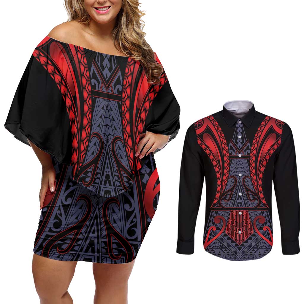 Custom New Zealand Couples Matching Off Shoulder Short Dress and Long Sleeve Button Shirt Maori Kiwiana Pattern Tukutuku Motif
