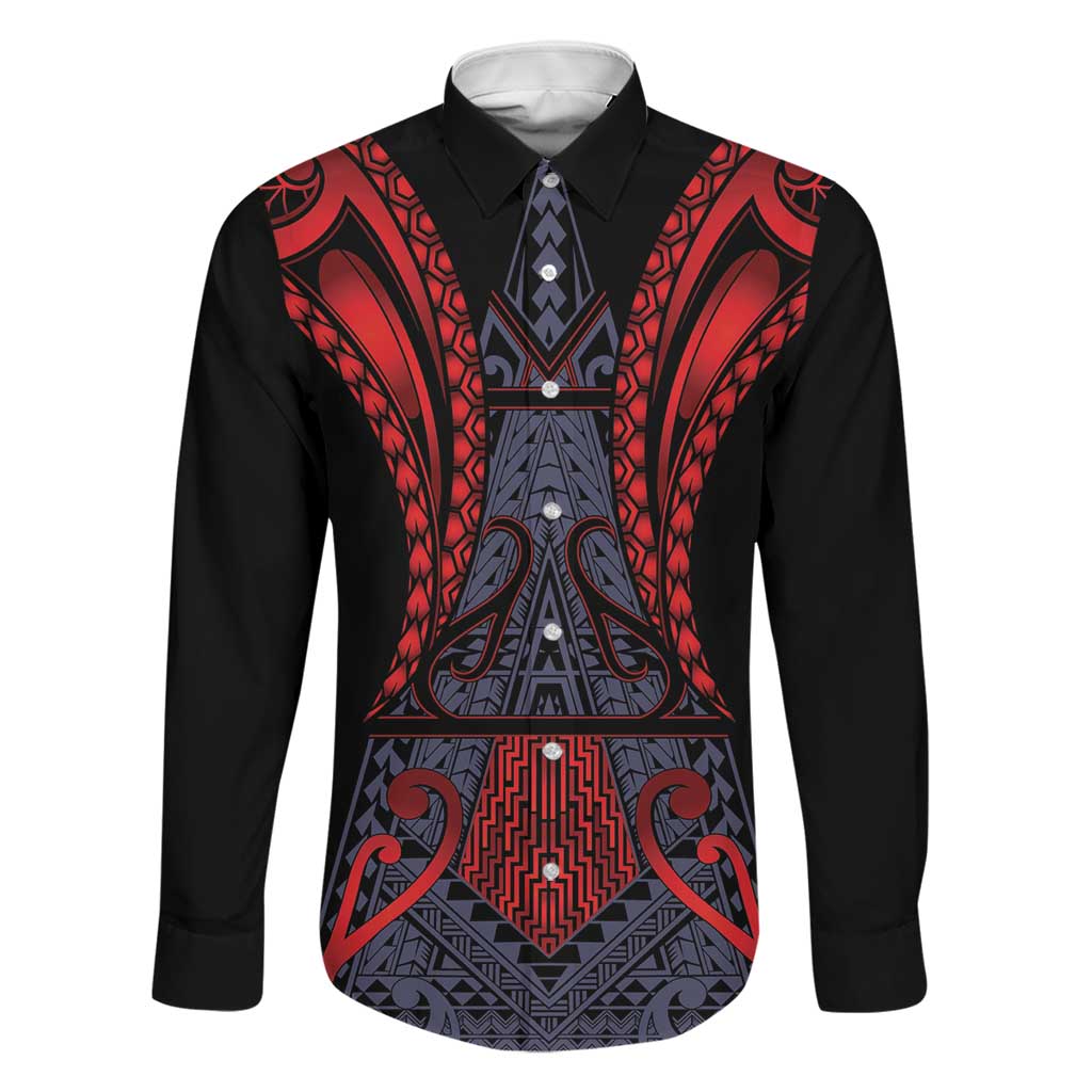 Custom New Zealand Family Matching Off Shoulder Maxi Dress and Hawaiian Shirt Maori Kiwiana Pattern Tukutuku Motif LT9 Dad's Shirt - Long Sleeve Red - Polynesian Pride
