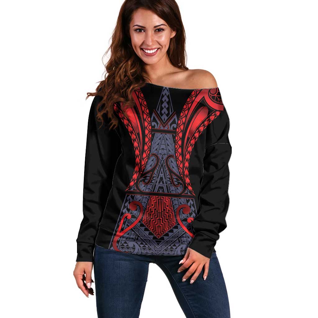 Custom New Zealand Off Shoulder Sweater Maori Kiwiana Pattern Tukutuku Motif