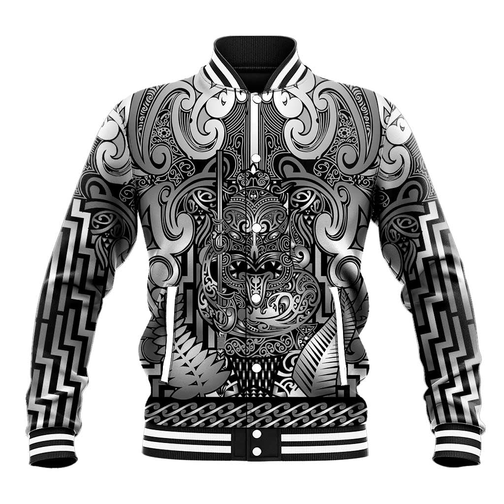 Custom New Zealand Taiaha Maori Baseball Jacket Kiwikiwi Minimalist Silver Fern Tukutuku Motif