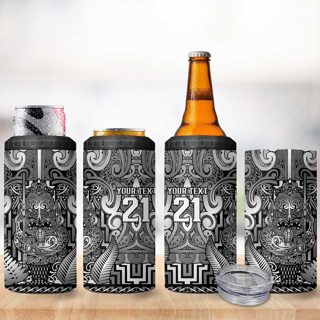 Custom New Zealand Taiaha Maori 4 in 1 Can Cooler Tumbler Kiwikiwi Minimalist Silver Fern Tukutuku Motif