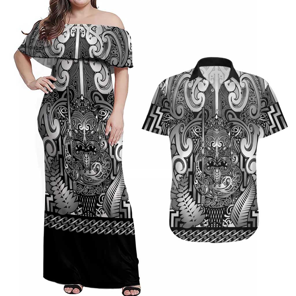 Custom New Zealand Taiaha Maori Couples Matching Off Shoulder Maxi Dress and Hawaiian Shirt Kiwikiwi Minimalist Silver Fern Tukutuku Motif