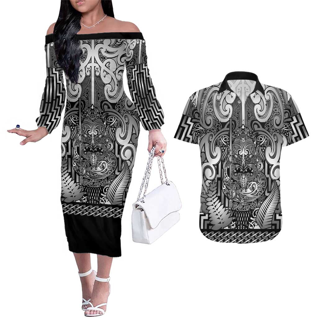 Custom New Zealand Taiaha Maori Couples Matching Off The Shoulder Long Sleeve Dress and Hawaiian Shirt Kiwikiwi Minimalist Silver Fern Tukutuku Motif