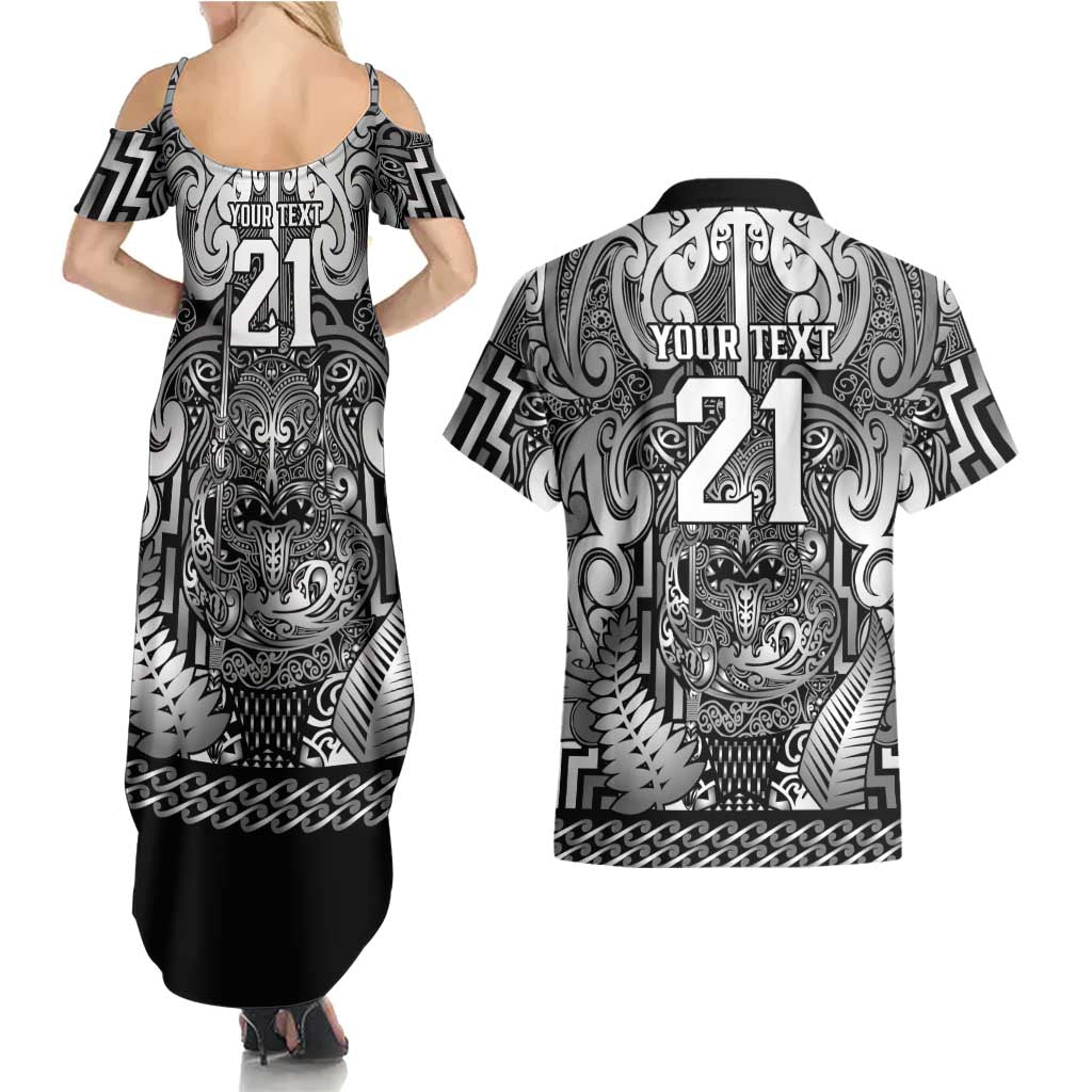 Custom New Zealand Taiaha Maori Couples Matching Summer Maxi Dress and Hawaiian Shirt Kiwikiwi Minimalist Silver Fern Tukutuku Motif