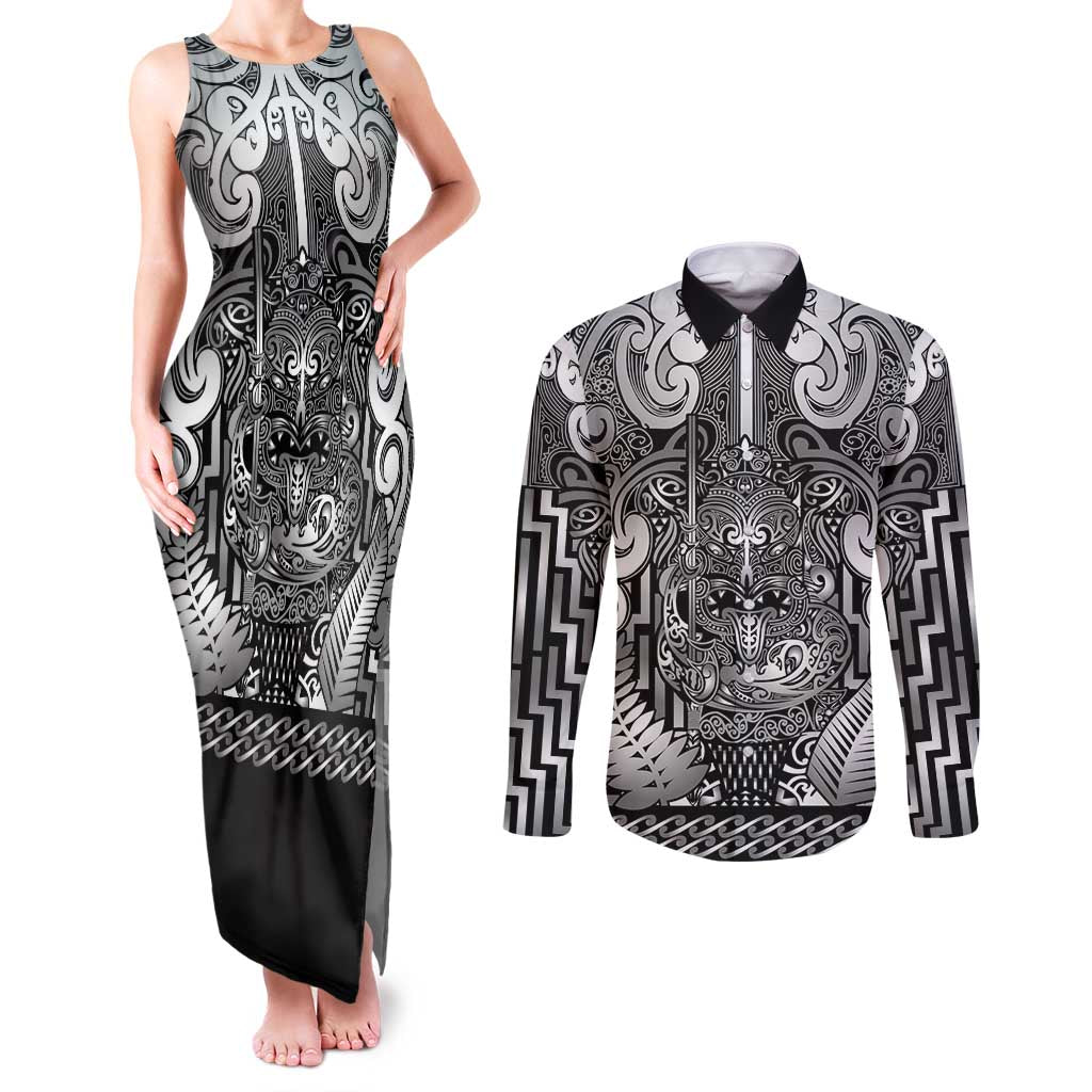 Custom New Zealand Taiaha Maori Couples Matching Tank Maxi Dress and Long Sleeve Button Shirt Kiwikiwi Minimalist Silver Fern Tukutuku Motif