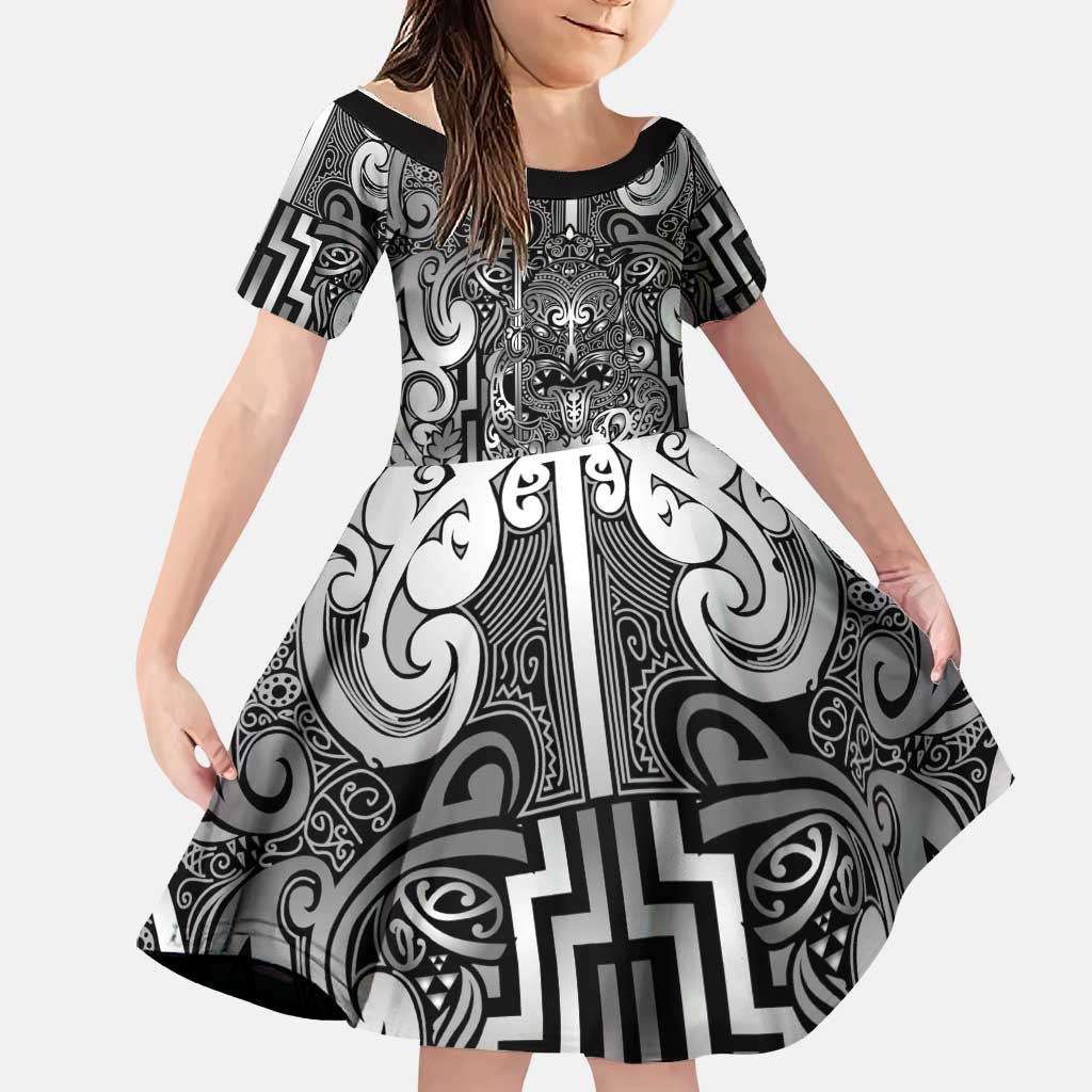 Custom New Zealand Taiaha Maori Family Matching Long Sleeve Bodycon Dress and Hawaiian Shirt Kiwikiwi Minimalist Silver Fern Tukutuku Motif LT9 Daughter's Dress White - Polynesian Pride
