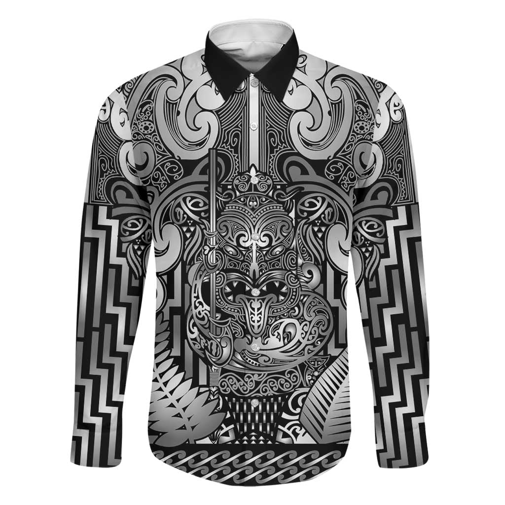 Custom New Zealand Taiaha Maori Family Matching Long Sleeve Bodycon Dress and Hawaiian Shirt Kiwikiwi Minimalist Silver Fern Tukutuku Motif LT9 Dad's Shirt - Long Sleeve White - Polynesian Pride