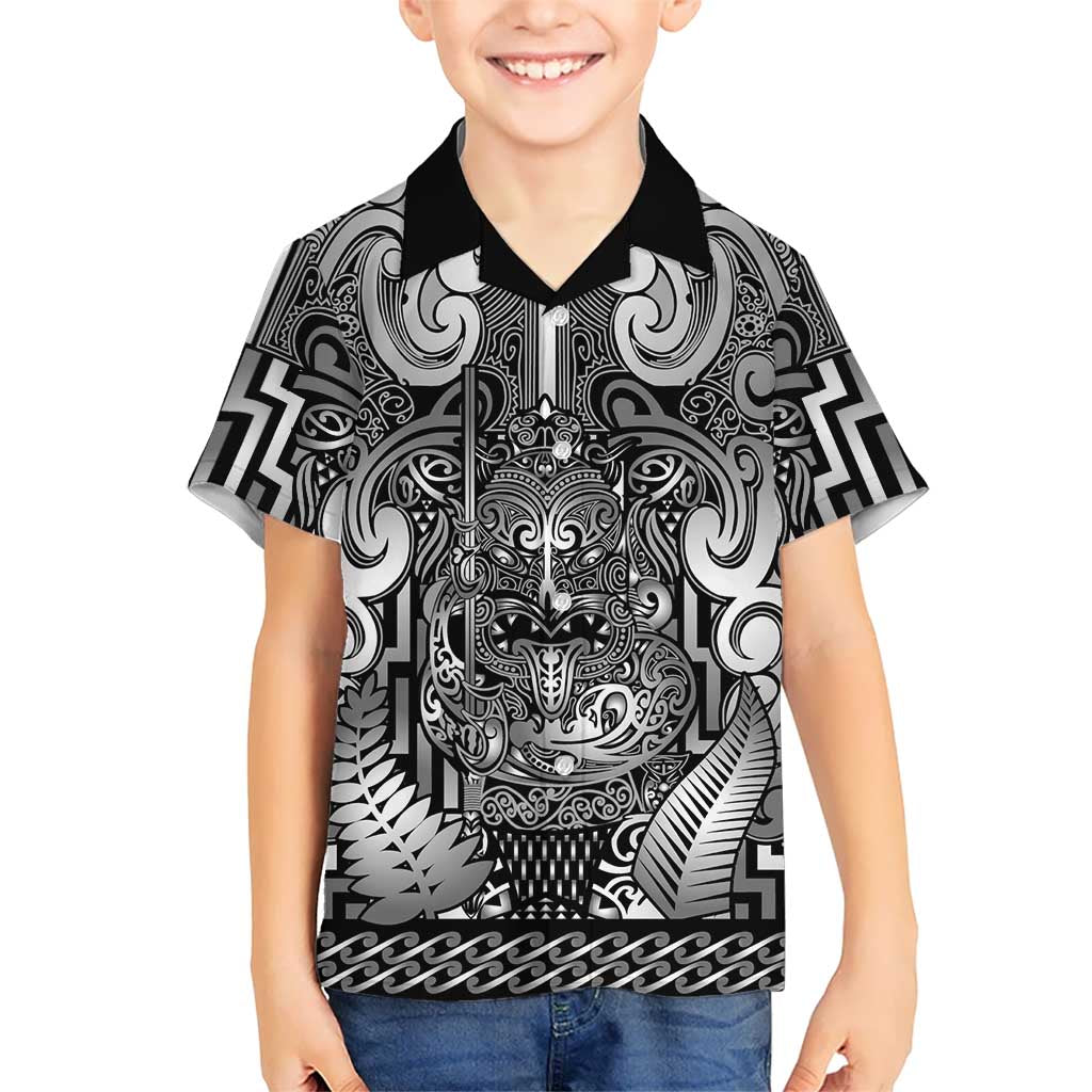 Custom New Zealand Taiaha Maori Family Matching Long Sleeve Bodycon Dress and Hawaiian Shirt Kiwikiwi Minimalist Silver Fern Tukutuku Motif LT9 Son's Shirt White - Polynesian Pride