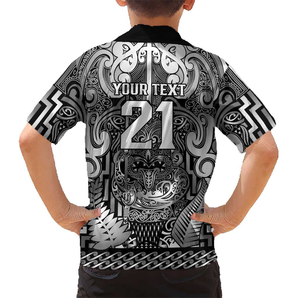 Custom New Zealand Taiaha Maori Family Matching Off The Shoulder Long Sleeve Dress and Hawaiian Shirt Kiwikiwi Minimalist Silver Fern Tukutuku Motif LT9 - Polynesian Pride