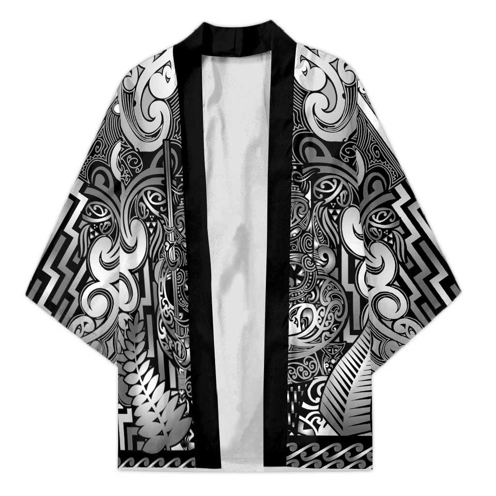 Custom New Zealand Taiaha Maori Kimono Kiwikiwi Minimalist Silver Fern Tukutuku Motif