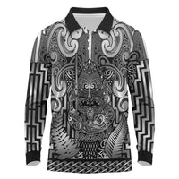 Custom New Zealand Taiaha Maori Long Sleeve Polo Shirt Kiwikiwi Minimalist Silver Fern Tukutuku Motif