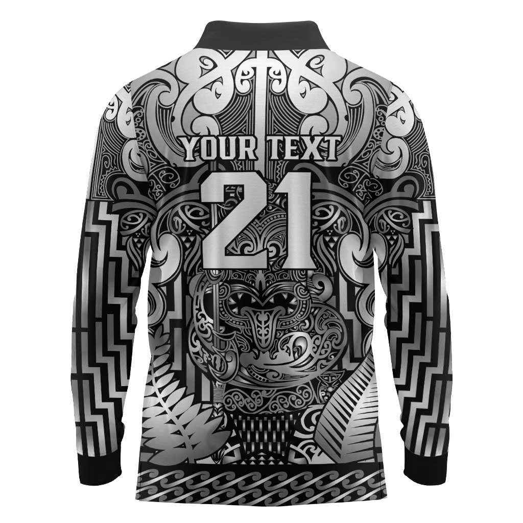 Custom New Zealand Taiaha Maori Long Sleeve Polo Shirt Kiwikiwi Minimalist Silver Fern Tukutuku Motif