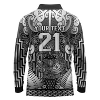 Custom New Zealand Taiaha Maori Long Sleeve Polo Shirt Kiwikiwi Minimalist Silver Fern Tukutuku Motif