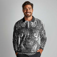 Custom New Zealand Taiaha Maori Long Sleeve Polo Shirt Kiwikiwi Minimalist Silver Fern Tukutuku Motif