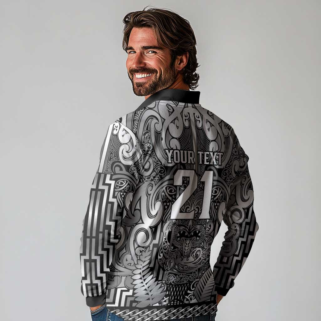 Custom New Zealand Taiaha Maori Long Sleeve Polo Shirt Kiwikiwi Minimalist Silver Fern Tukutuku Motif