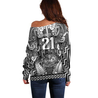 Custom New Zealand Taiaha Maori Off Shoulder Sweater Kiwikiwi Minimalist Silver Fern Tukutuku Motif