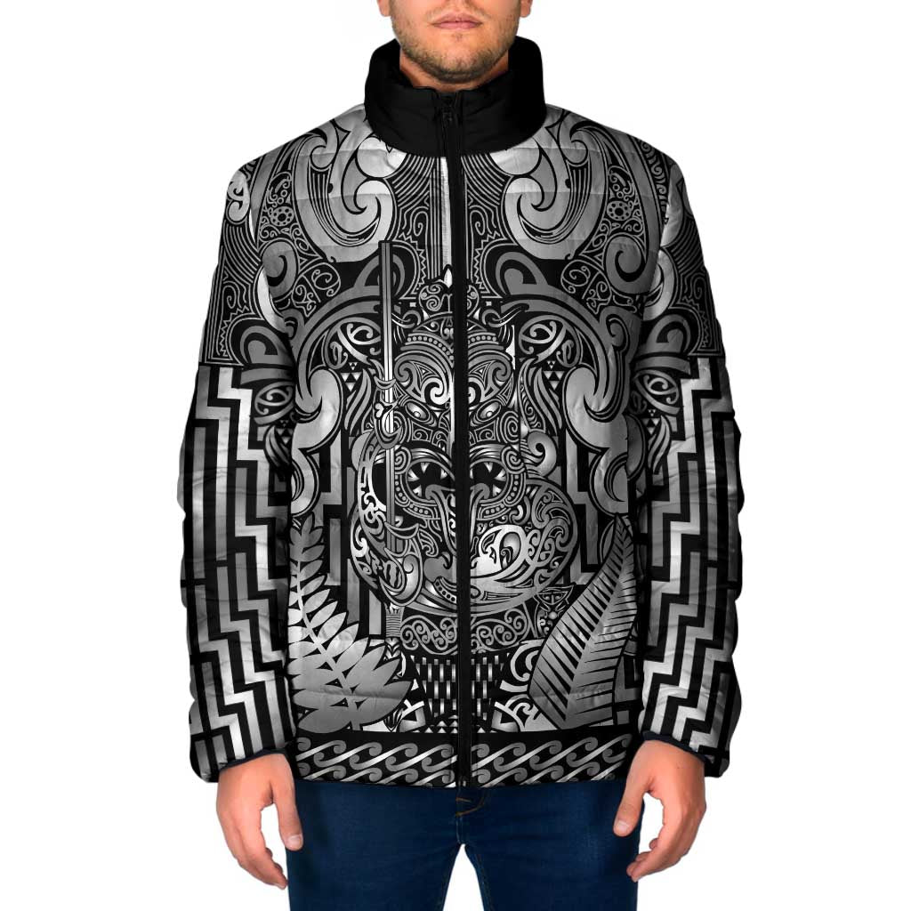 Custom New Zealand Taiaha Maori Padded Jacket Kiwikiwi Minimalist Silver Fern Tukutuku Motif