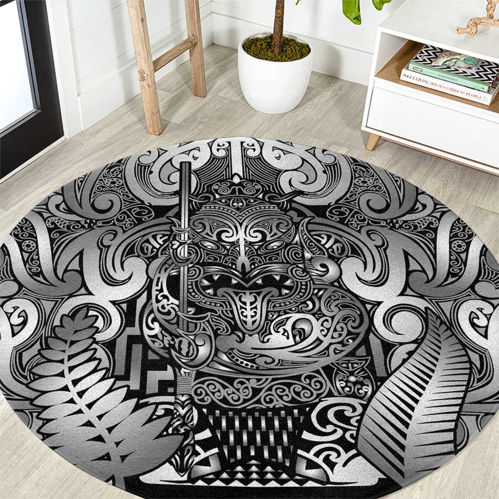 New Zealand Taiaha Maori Round Carpet Kiwikiwi Minimalist Silver Fern Tukutuku Motif