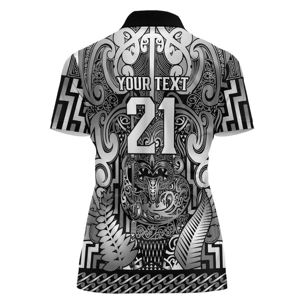 Custom New Zealand Taiaha Maori Women Polo Shirt Kiwikiwi Minimalist Silver Fern Tukutuku Motif