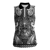 Custom New Zealand Taiaha Maori Women Sleeveless Polo Shirt Kiwikiwi Minimalist Silver Fern Tukutuku Motif