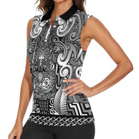 Custom New Zealand Taiaha Maori Women Sleeveless Polo Shirt Kiwikiwi Minimalist Silver Fern Tukutuku Motif