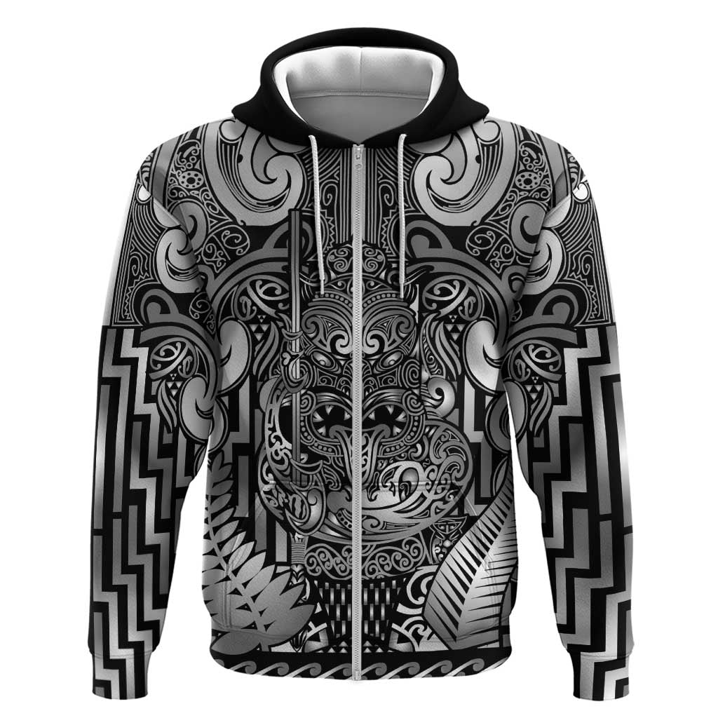 Custom New Zealand Taiaha Maori Zip Hoodie Kiwikiwi Minimalist Silver Fern Tukutuku Motif
