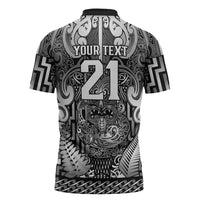 Custom New Zealand Taiaha Maori Zipper Polo Shirt Kiwikiwi Minimalist Silver Fern Tukutuku Motif