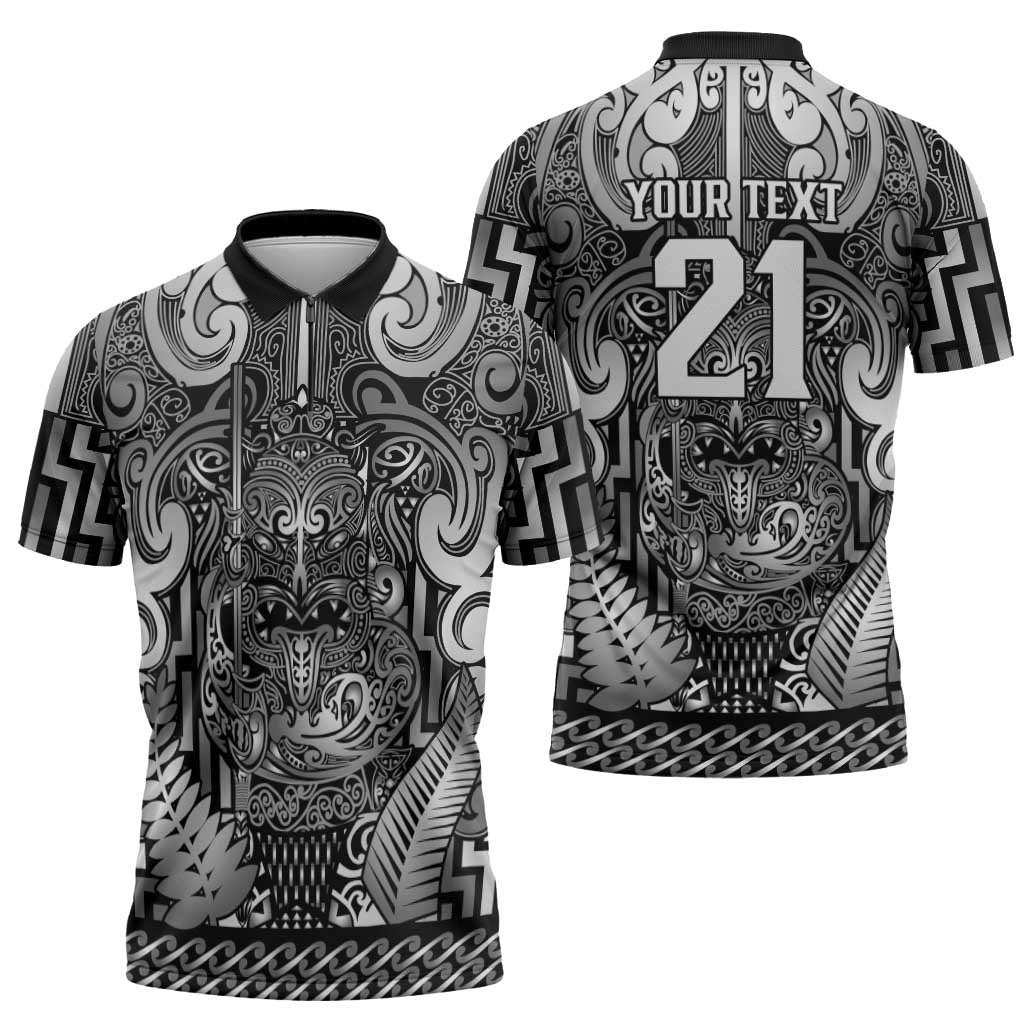 Custom New Zealand Taiaha Maori Zipper Polo Shirt Kiwikiwi Minimalist Silver Fern Tukutuku Motif