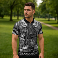 Custom New Zealand Taiaha Maori Zipper Polo Shirt Kiwikiwi Minimalist Silver Fern Tukutuku Motif