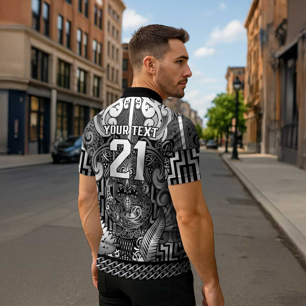 Custom New Zealand Taiaha Maori Zipper Polo Shirt Kiwikiwi Minimalist Silver Fern Tukutuku Motif