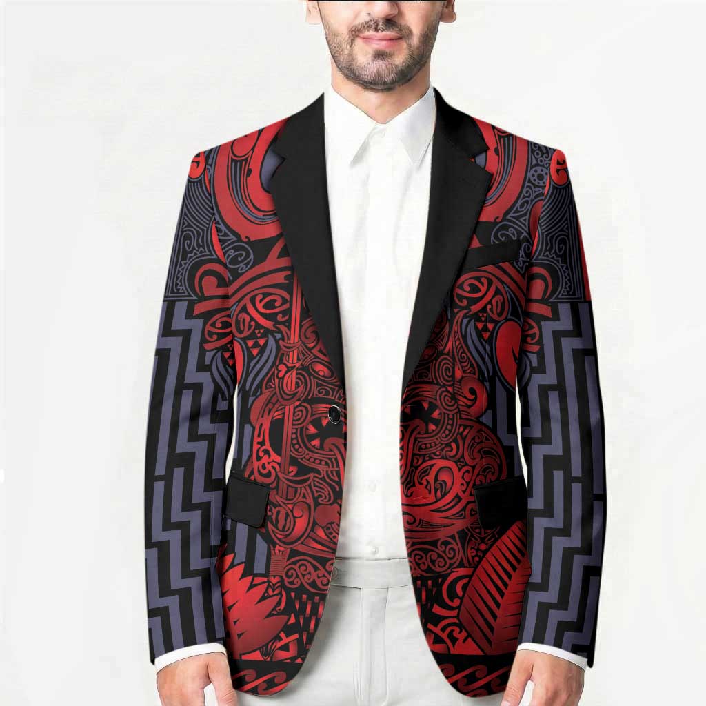 Custom New Zealand Taiaha Maori Blazer Whero Minimalist Silver Fern Tukutuku Motif