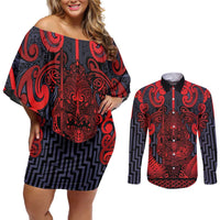 Custom New Zealand Taiaha Maori Couples Matching Off Shoulder Short Dress and Long Sleeve Button Shirt Whero Minimalist Silver Fern Tukutuku Motif