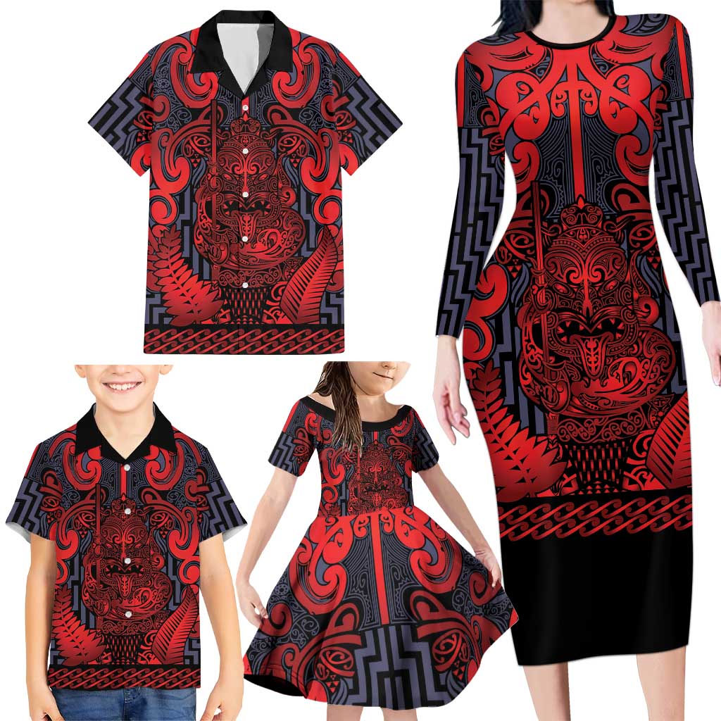 Custom New Zealand Taiaha Maori Family Matching Long Sleeve Bodycon Dress and Hawaiian Shirt Whero Minimalist Silver Fern Tukutuku Motif