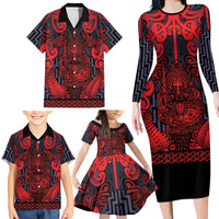 Custom New Zealand Taiaha Maori Family Matching Long Sleeve Bodycon Dress and Hawaiian Shirt Whero Minimalist Silver Fern Tukutuku Motif
