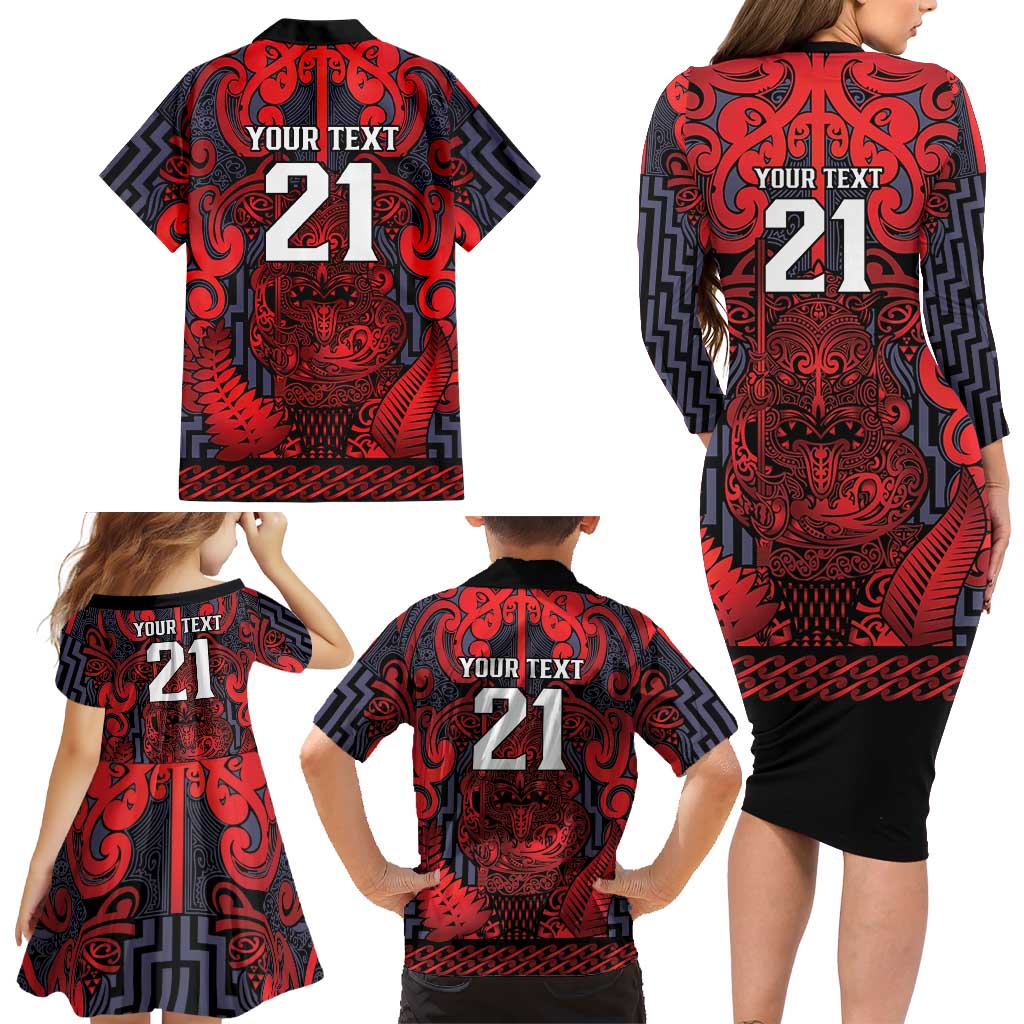Custom New Zealand Taiaha Maori Family Matching Long Sleeve Bodycon Dress and Hawaiian Shirt Whero Minimalist Silver Fern Tukutuku Motif